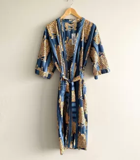 100% Cotton Block Printed Kimono Robe- Blue Tiger