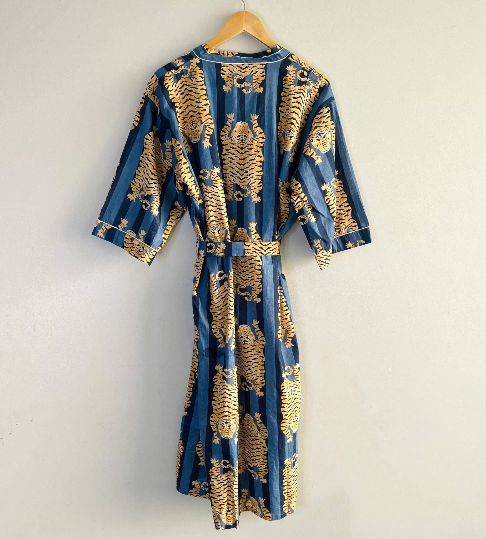 100% Cotton Block Printed Kimono Robe- Blue Tiger