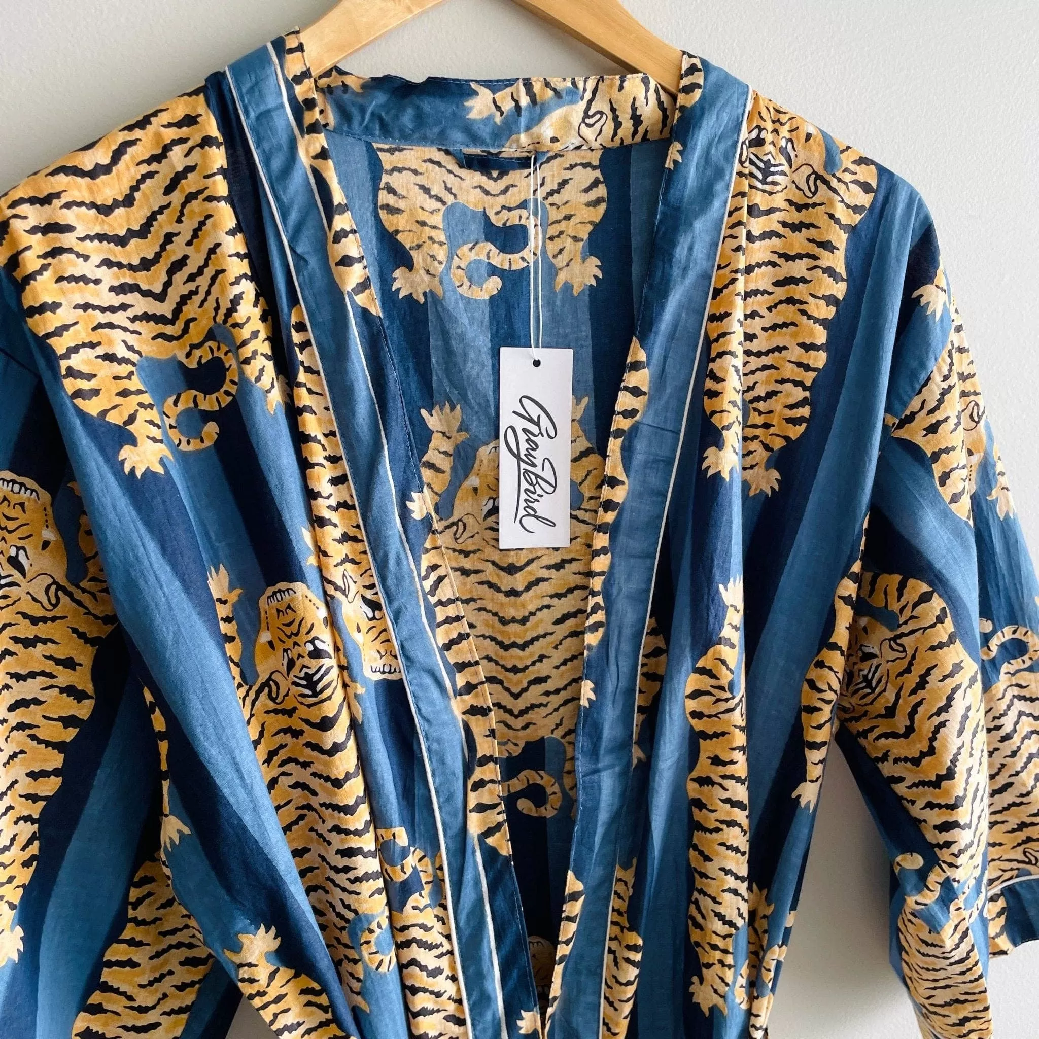 100% Cotton Block Printed Kimono Robe- Blue Tiger