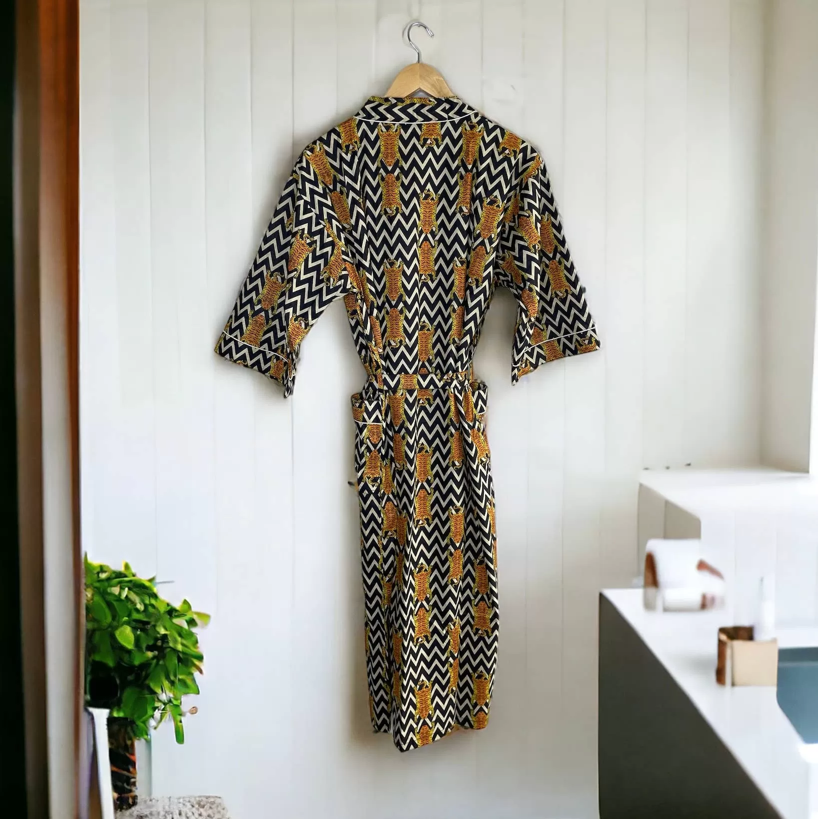 100% Cotton Indian Block Printed Kimono Robe- Chevron Tiger