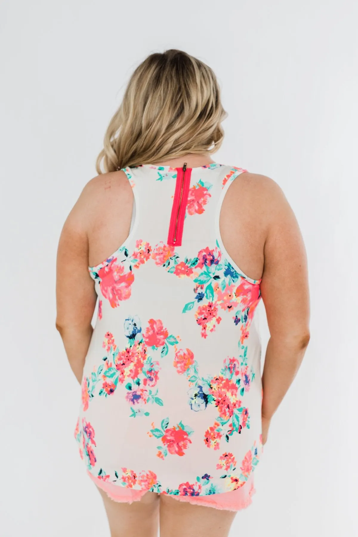 A Bright Floral Summer Tank- Ivory