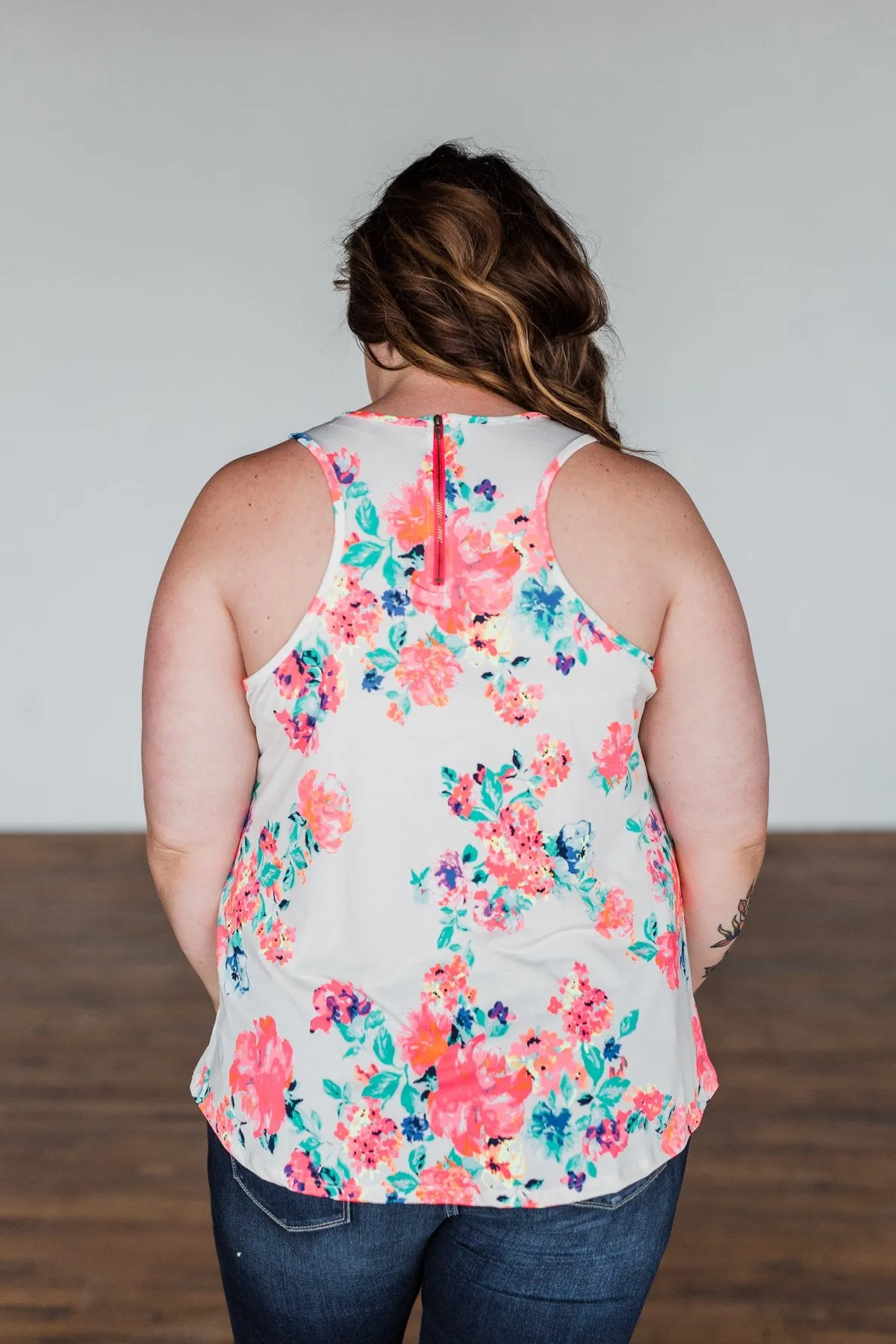 A Bright Floral Summer Tank- Ivory