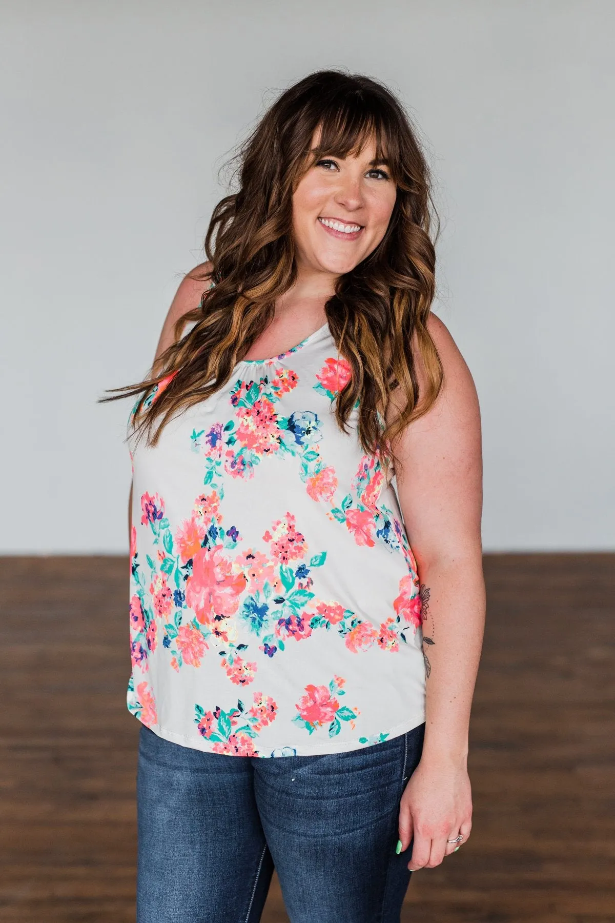 A Bright Floral Summer Tank- Ivory