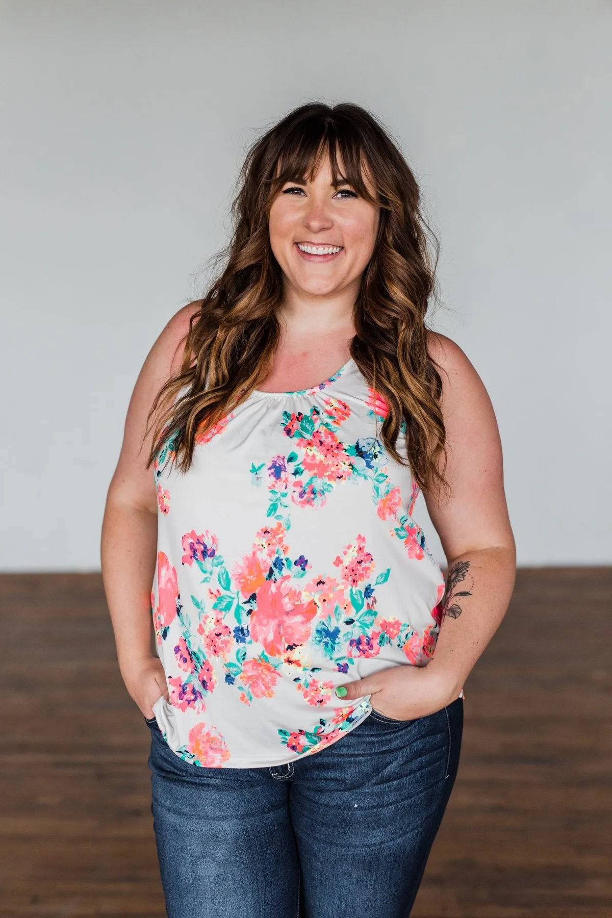 A Bright Floral Summer Tank- Ivory