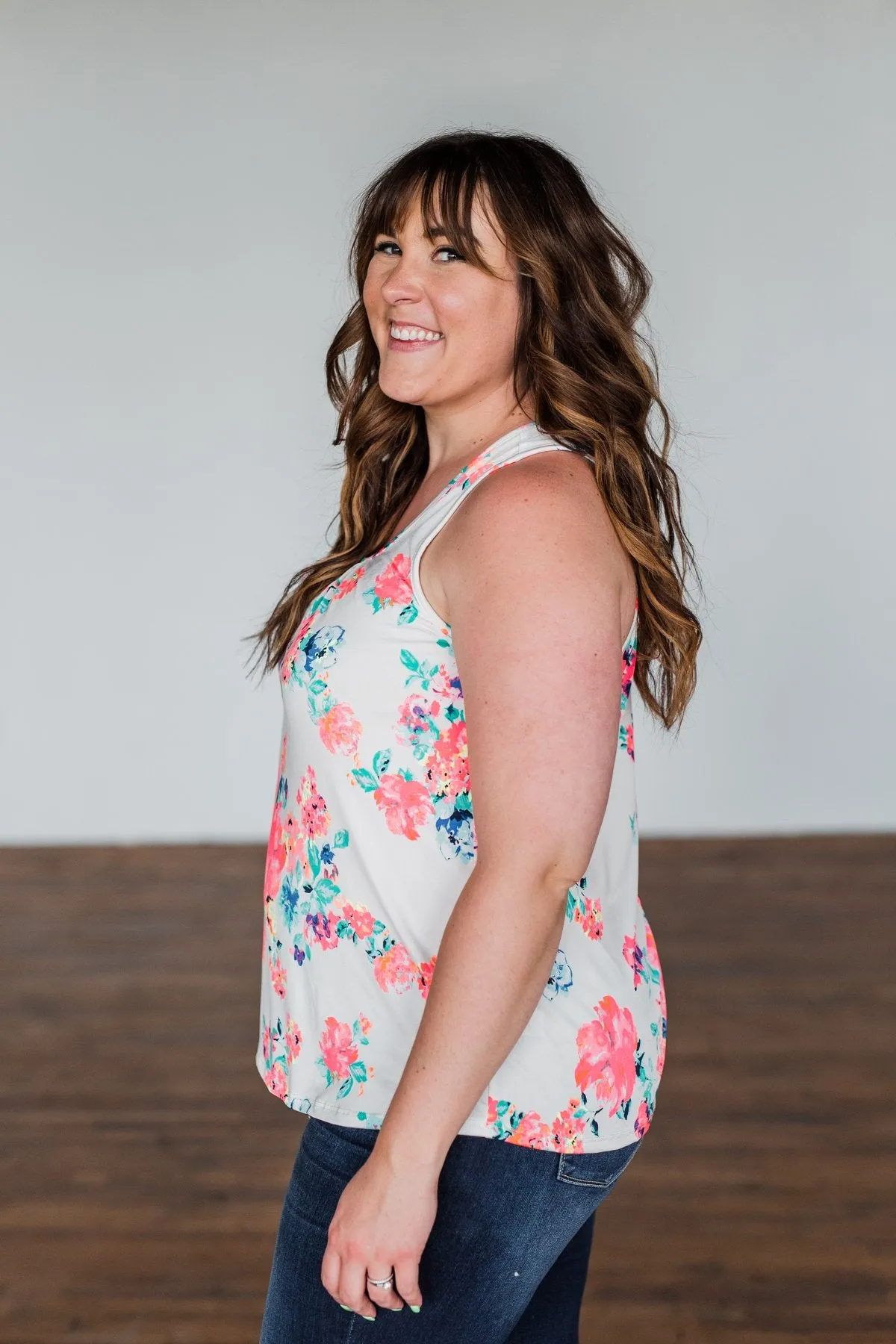 A Bright Floral Summer Tank- Ivory