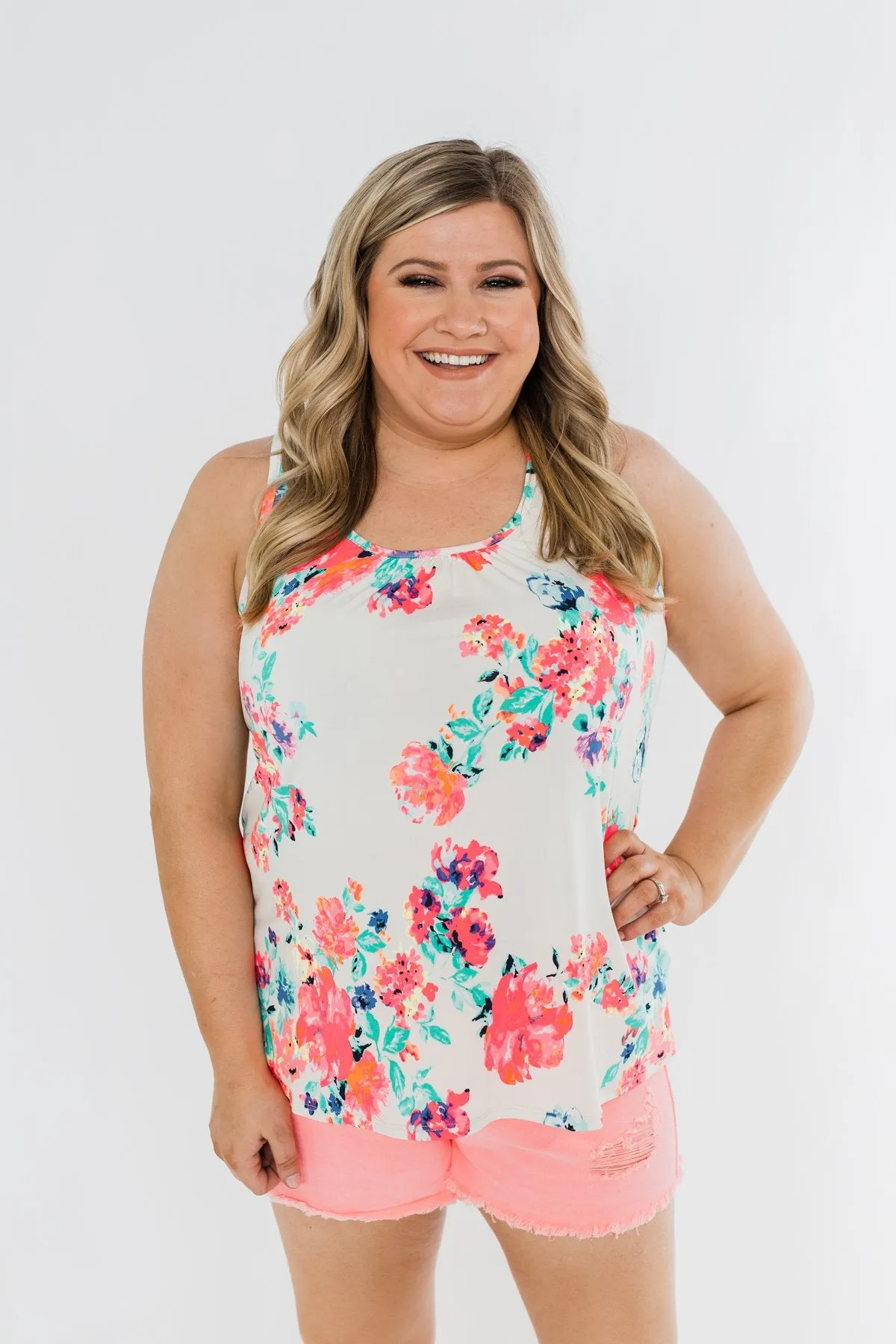 A Bright Floral Summer Tank- Ivory