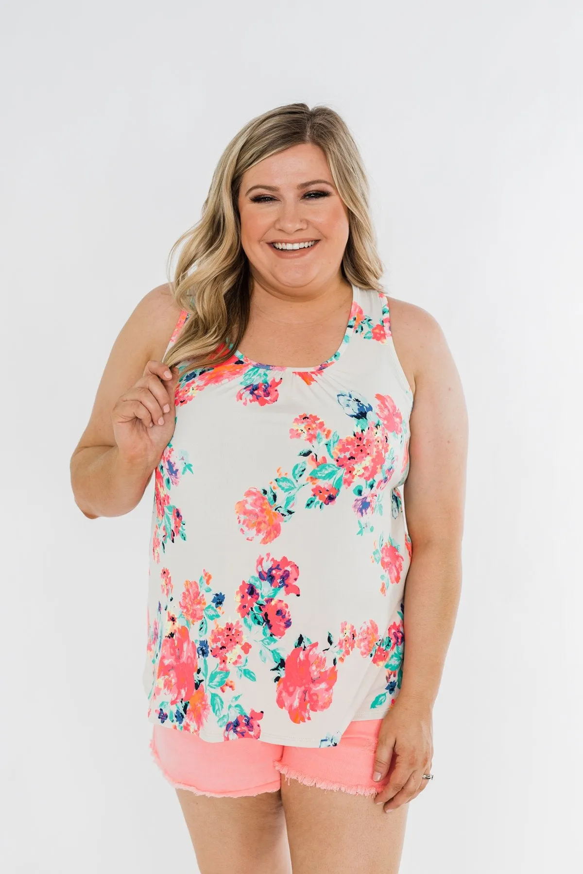 A Bright Floral Summer Tank- Ivory