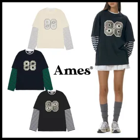 AMES-WORLDWIDE  |Crew Neck Stripes Unisex Street Style Long Sleeves Cotton