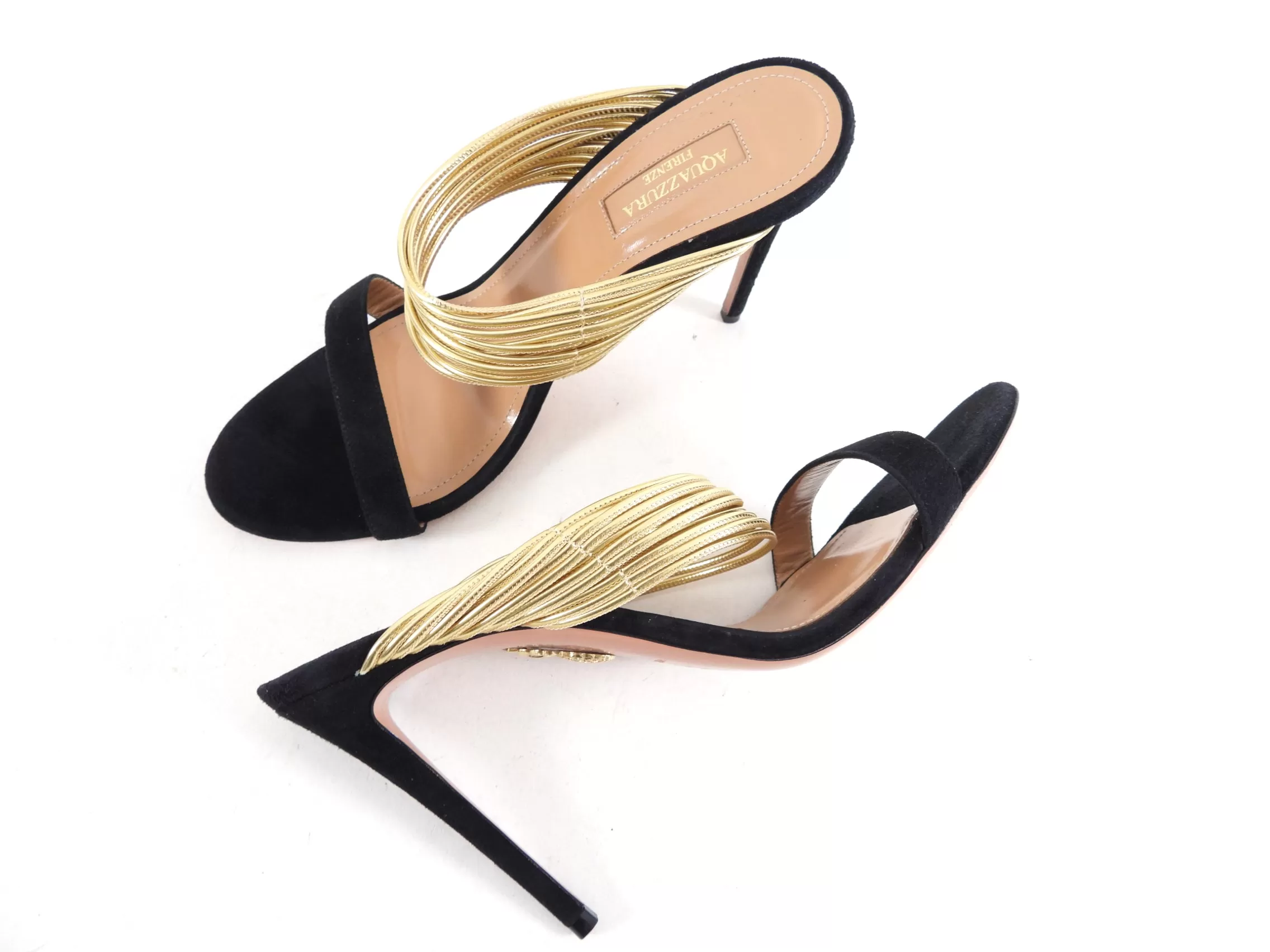 Aquazzura Black Suede and Gold Metallic Sandals - 40 / 9.5