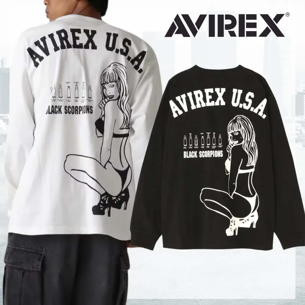 AVIREX  |Crew Neck Street Style Long Sleeves Plain Cotton Oversized