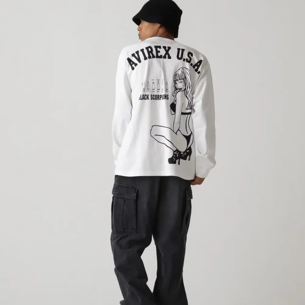 AVIREX  |Crew Neck Street Style Long Sleeves Plain Cotton Oversized