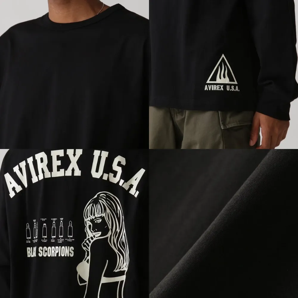 AVIREX  |Crew Neck Street Style Long Sleeves Plain Cotton Oversized