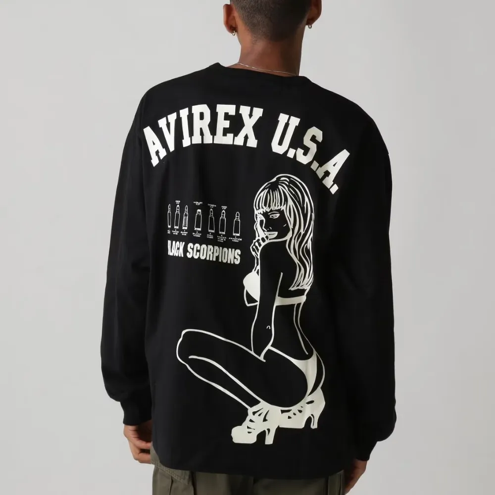 AVIREX  |Crew Neck Street Style Long Sleeves Plain Cotton Oversized