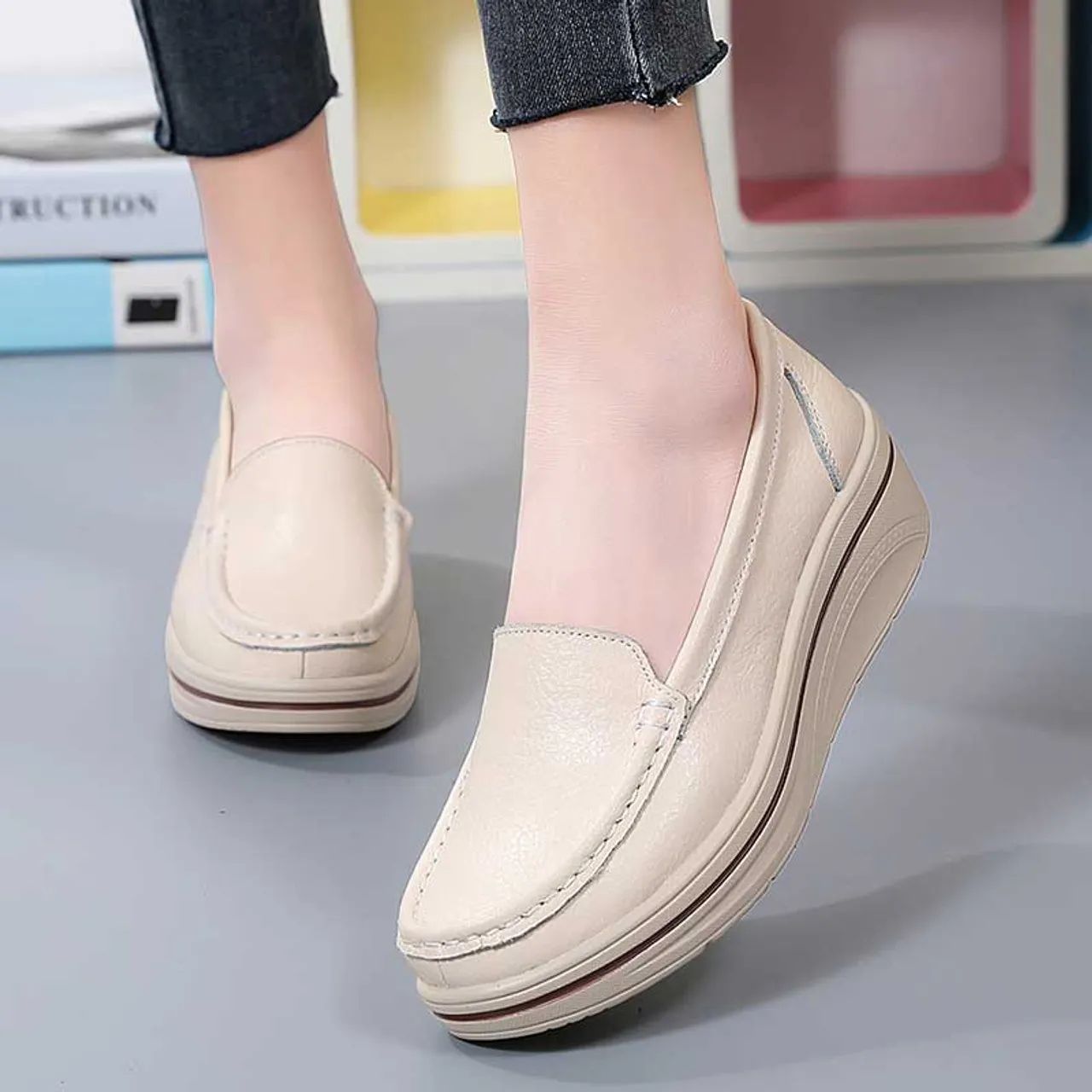 Beige plain casual slip on rocker bottom sneaker