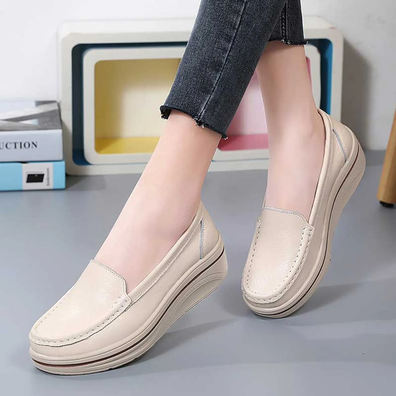 Beige plain casual slip on rocker bottom sneaker