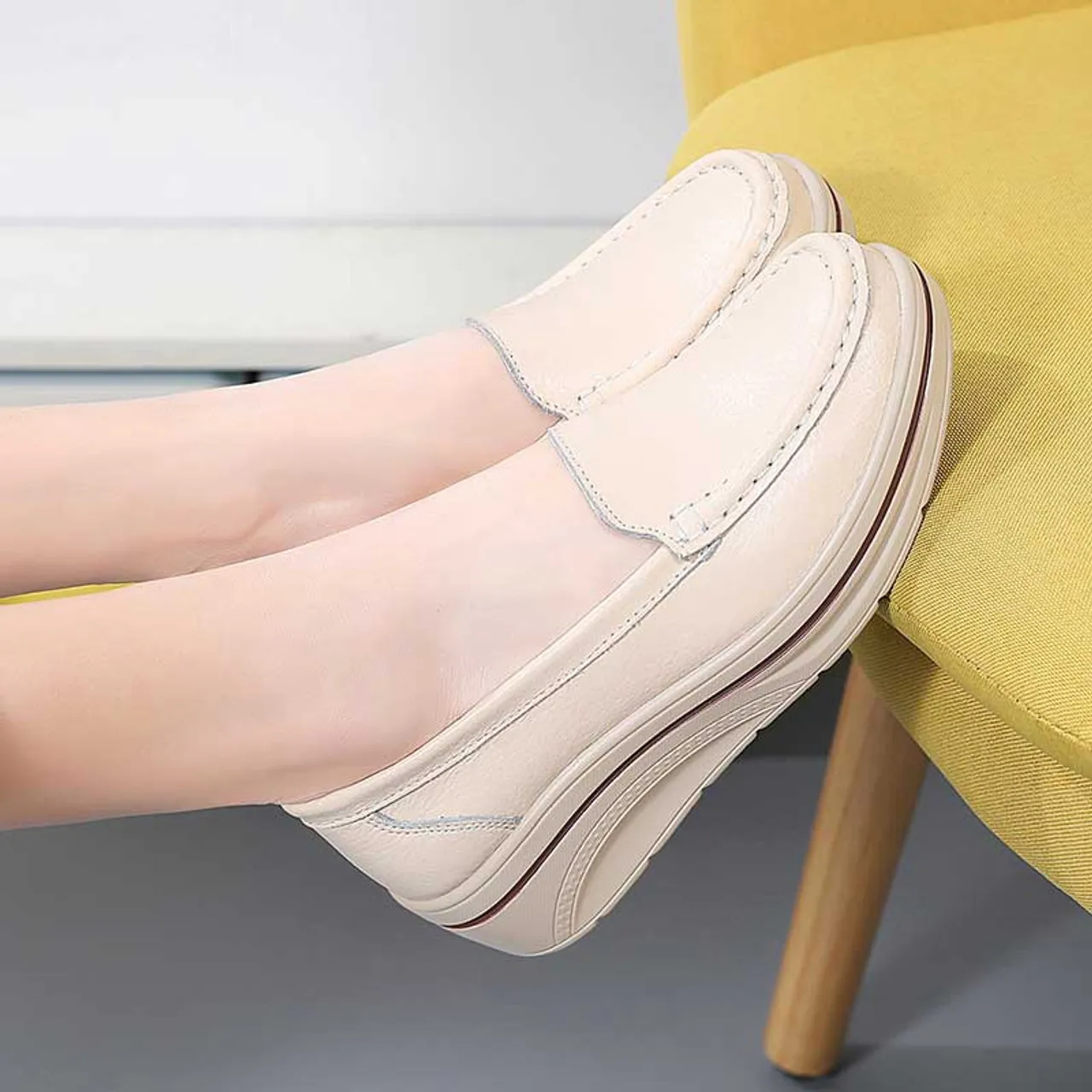 Beige plain casual slip on rocker bottom sneaker