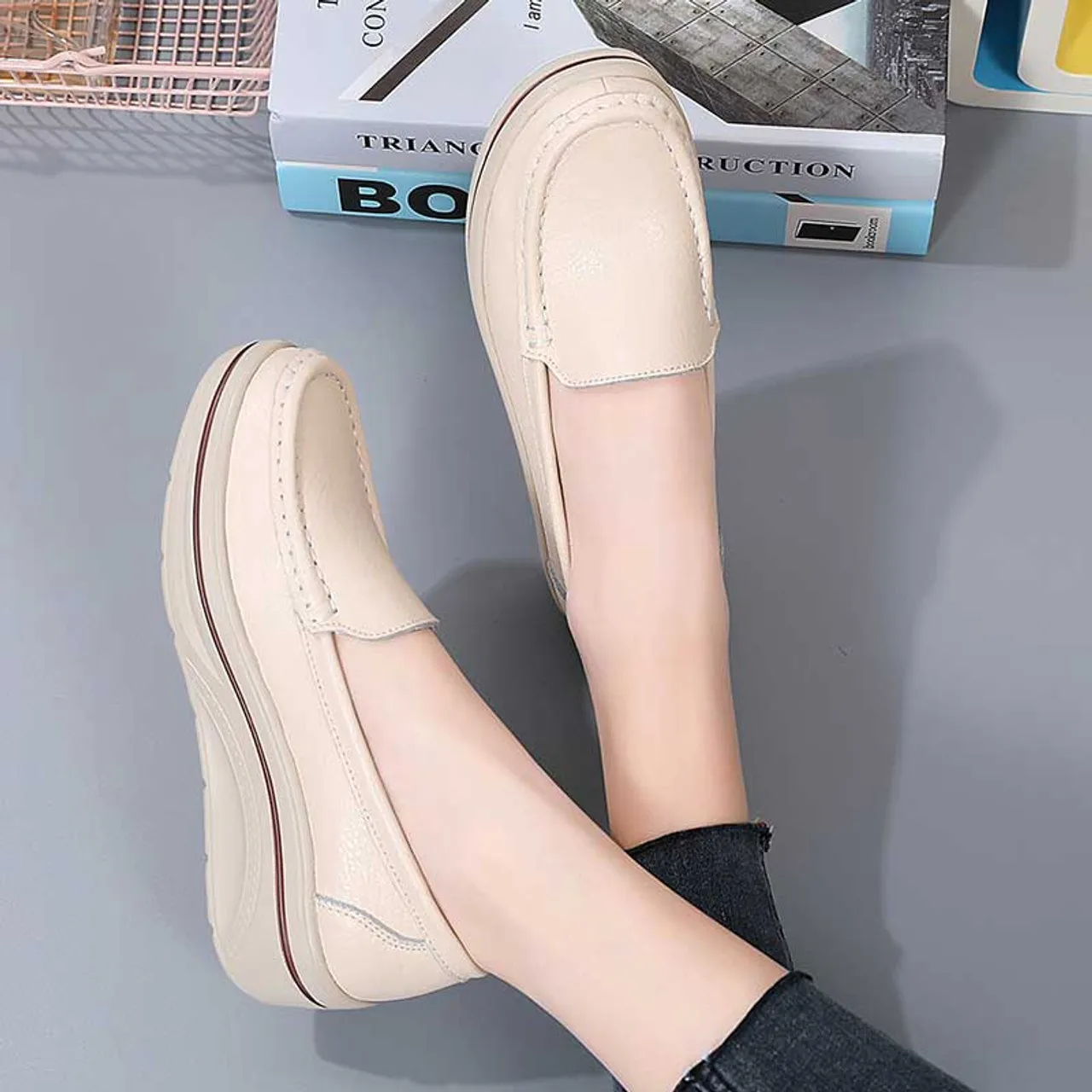 Beige plain casual slip on rocker bottom sneaker