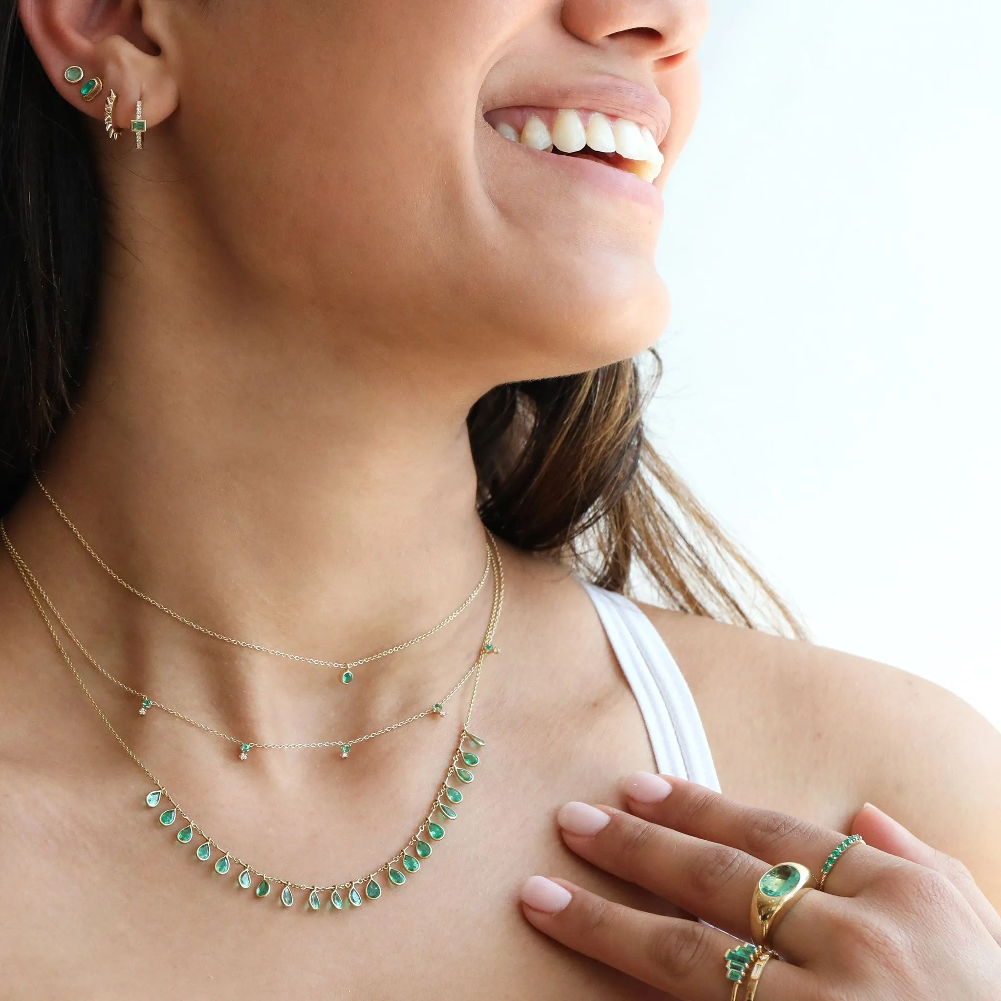 Bezel-Set Teardrop Emerald Fringe Necklace