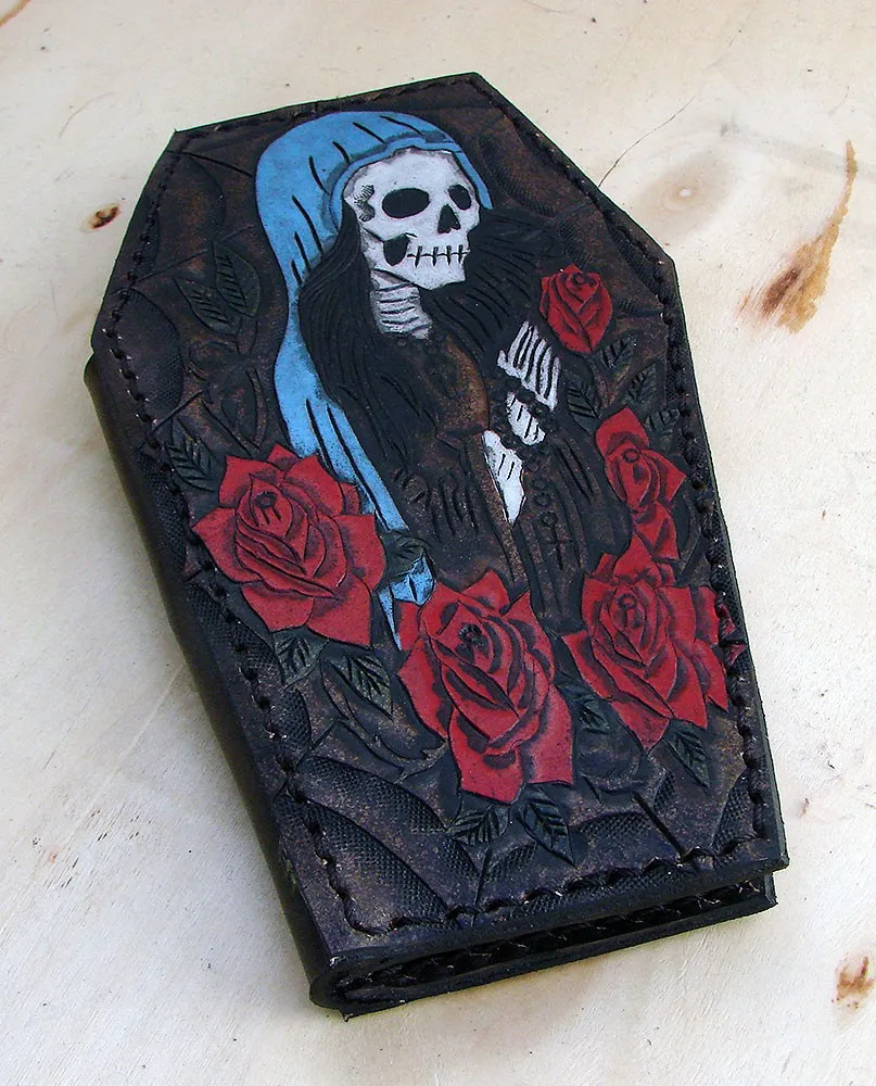 Biker style coffin wallet with santa muerte and a spider web