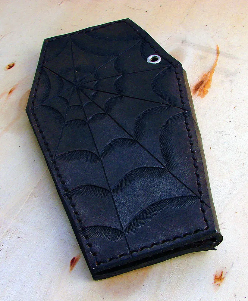 Biker style coffin wallet with santa muerte and a spider web