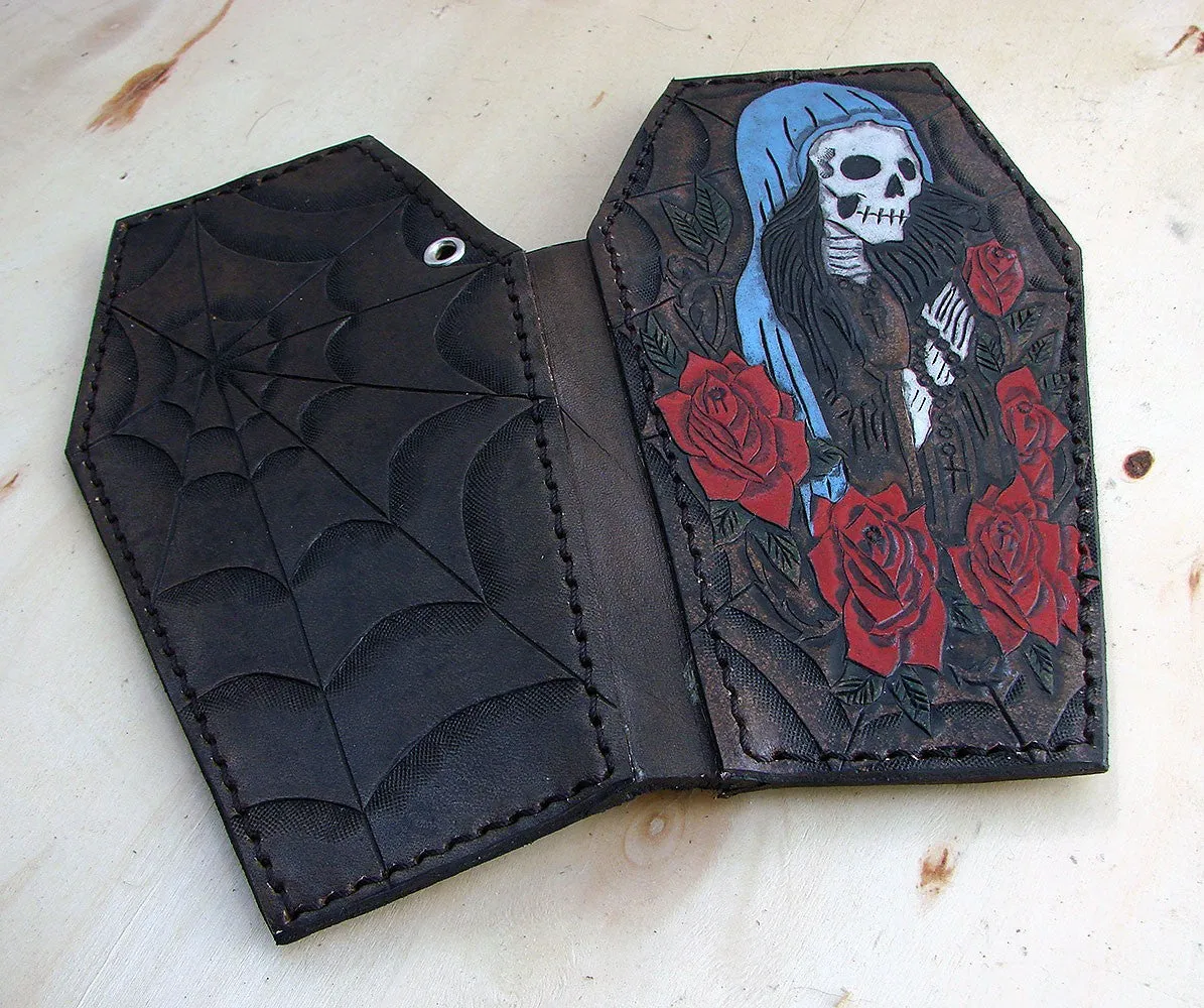 Biker style coffin wallet with santa muerte and a spider web