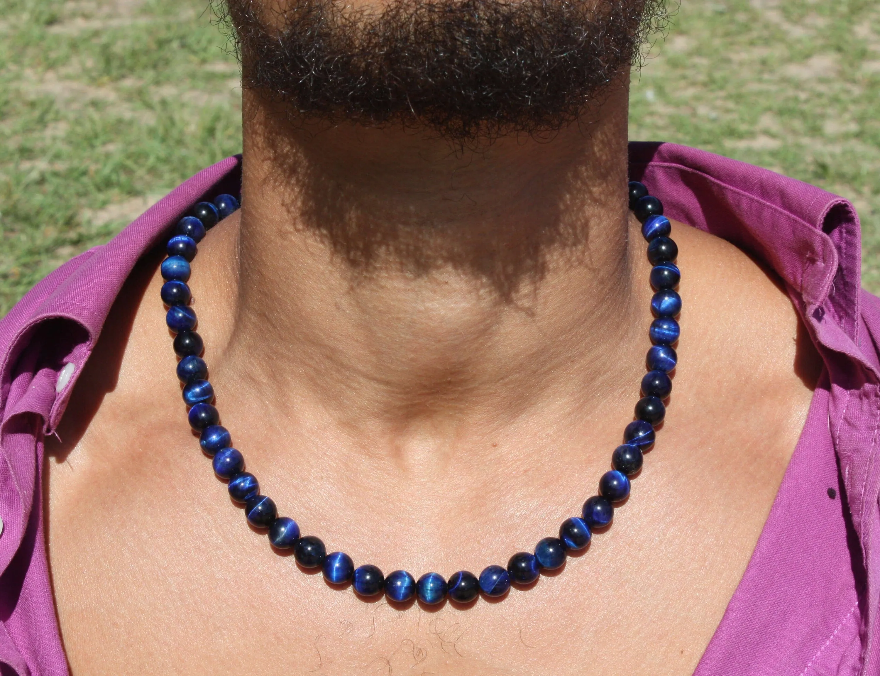 Blue Tiger Eye Necklace -  Mens Necklace - Beaded Necklace - Crystal Necklace  - Gemstone necklace