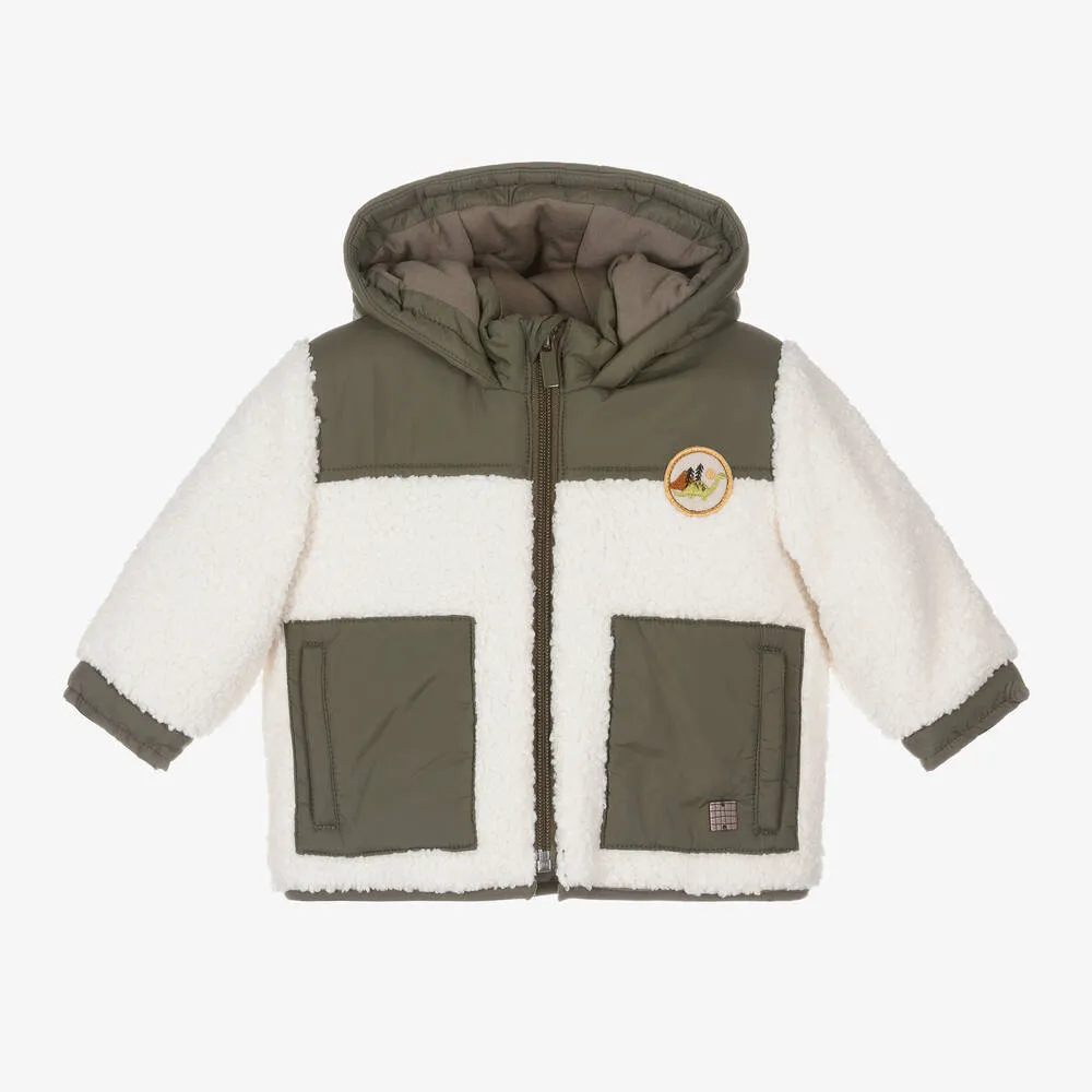 Boys Ivory & Green Hooded Sherpa Coat 