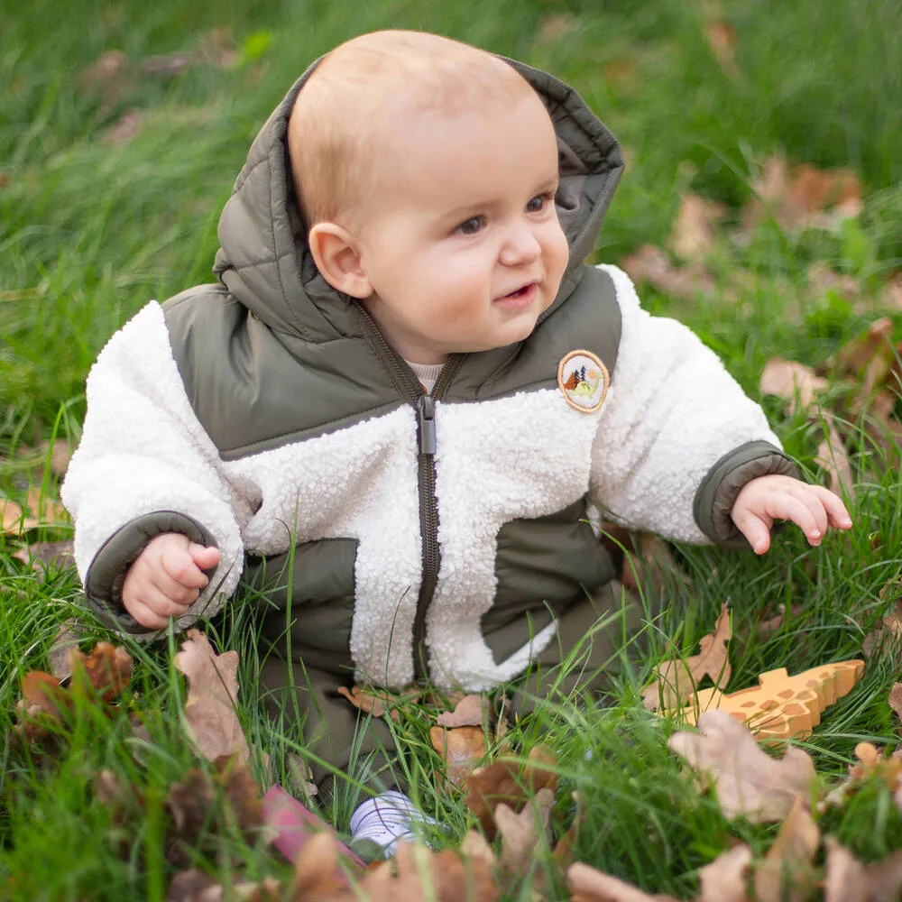 Boys Ivory & Green Hooded Sherpa Coat 