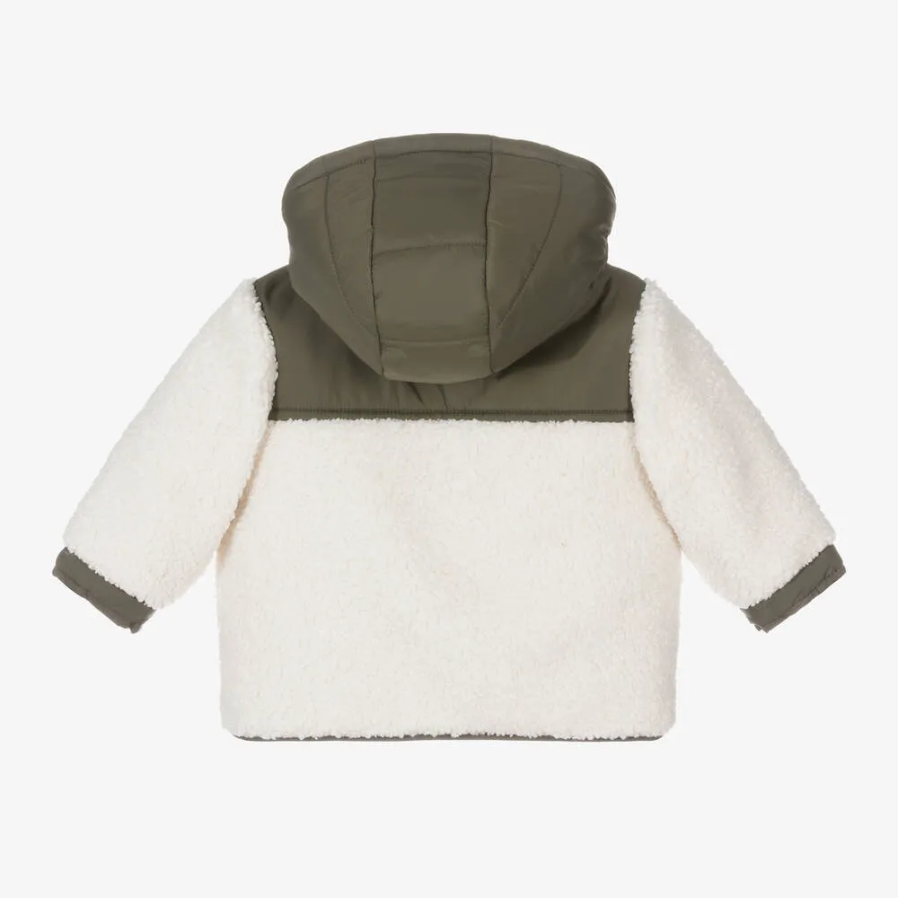 Boys Ivory & Green Hooded Sherpa Coat 