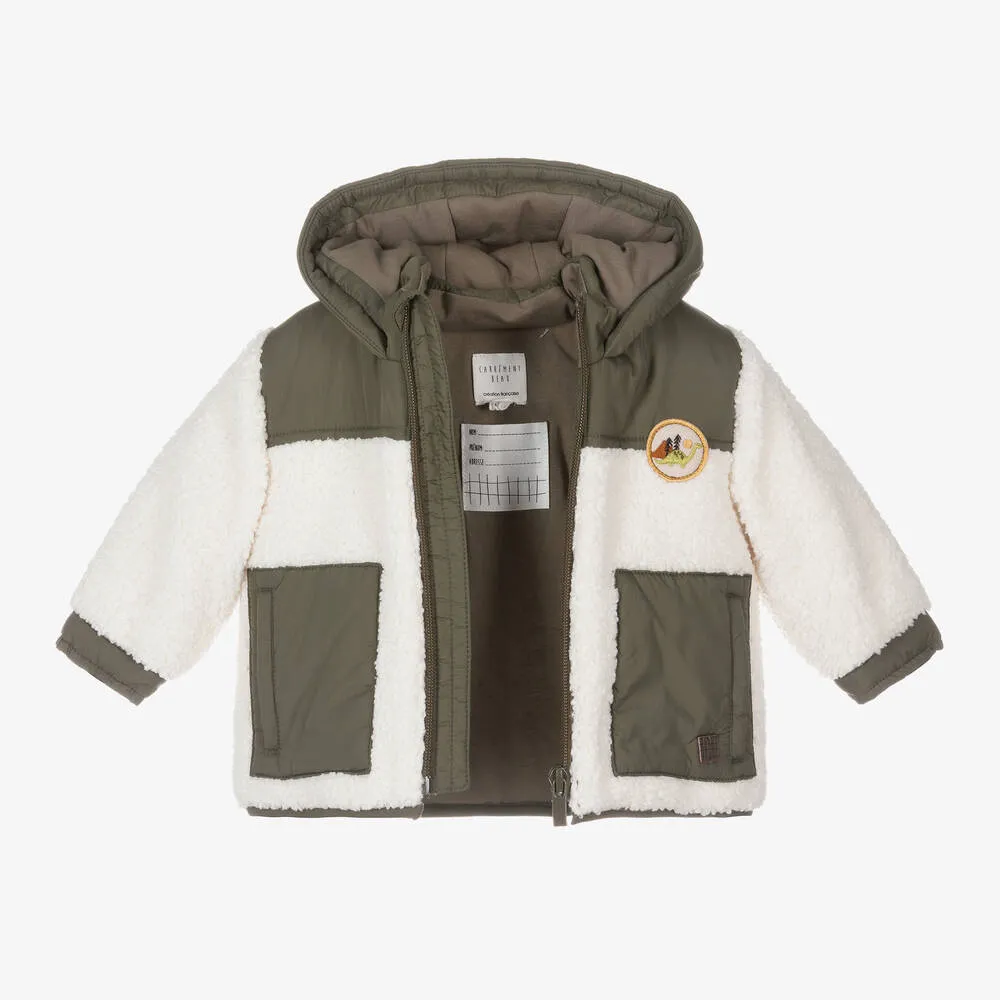 Boys Ivory & Green Hooded Sherpa Coat 