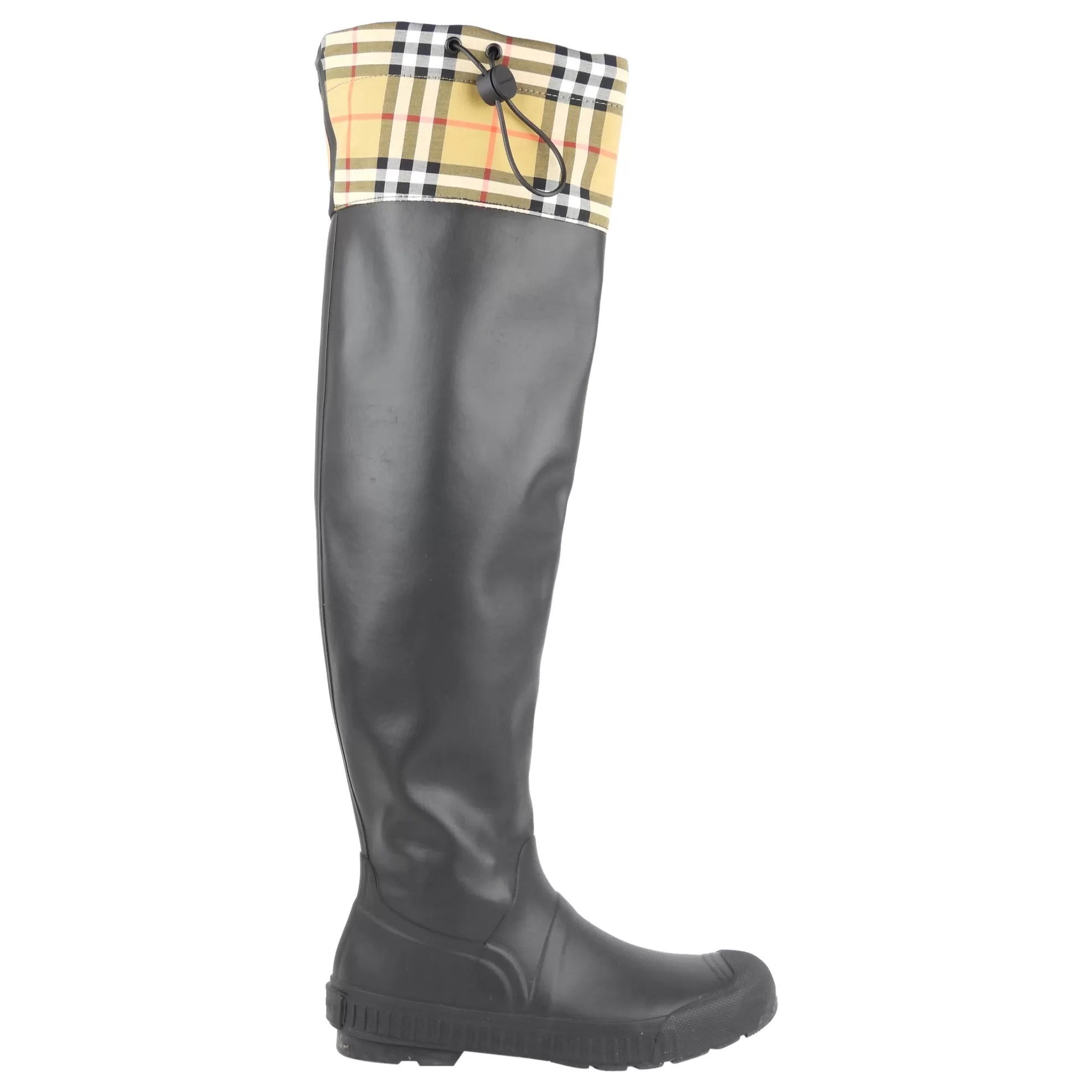 Burberry Black Rubber and Check Canvas Cinched Knee-High Rain Boots