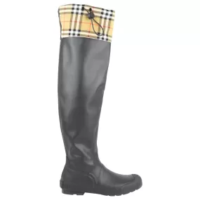 Burberry Black Rubber and Check Canvas Cinched Knee-High Rain Boots