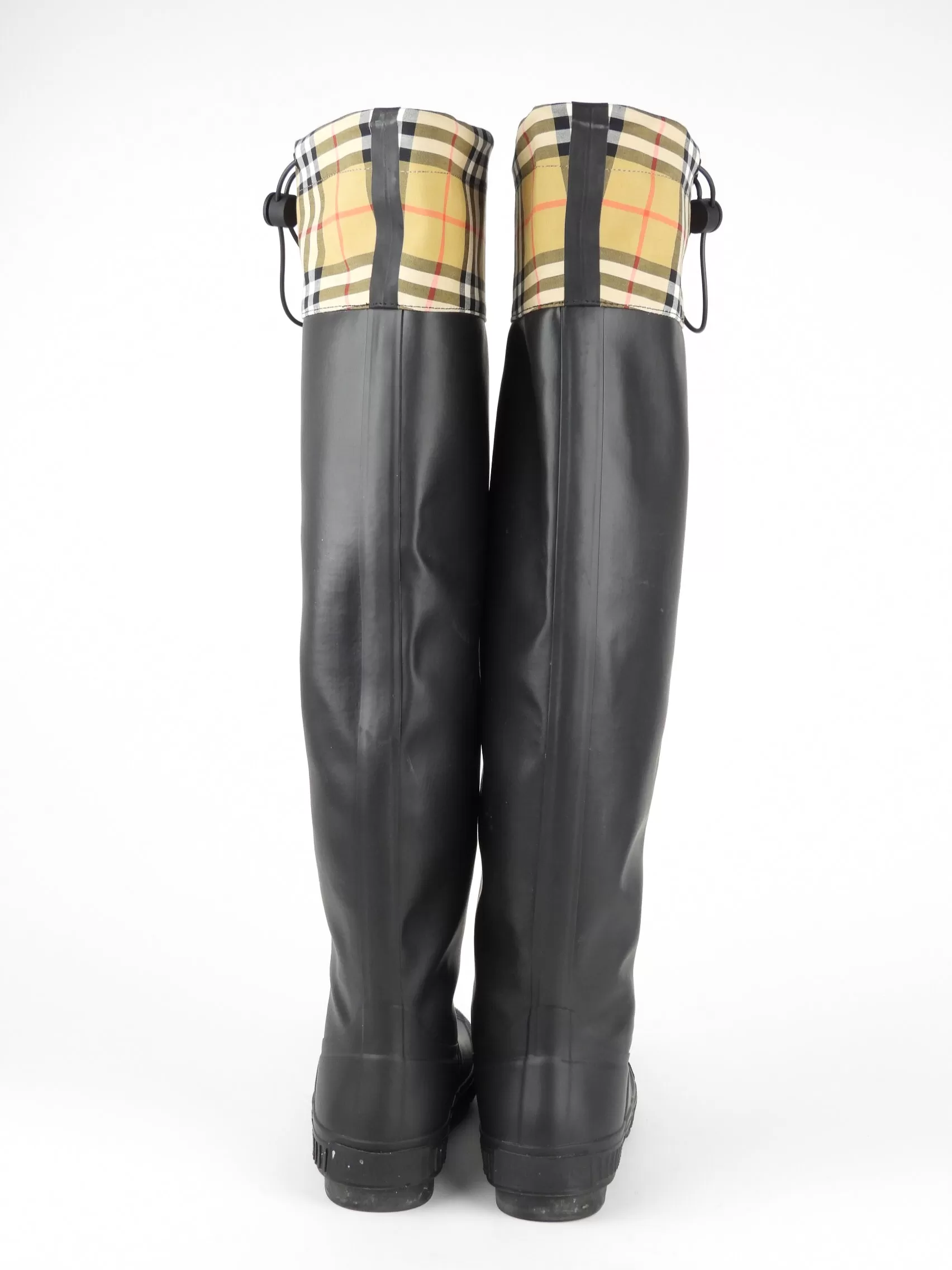 Burberry Black Rubber and Check Canvas Cinched Knee-High Rain Boots