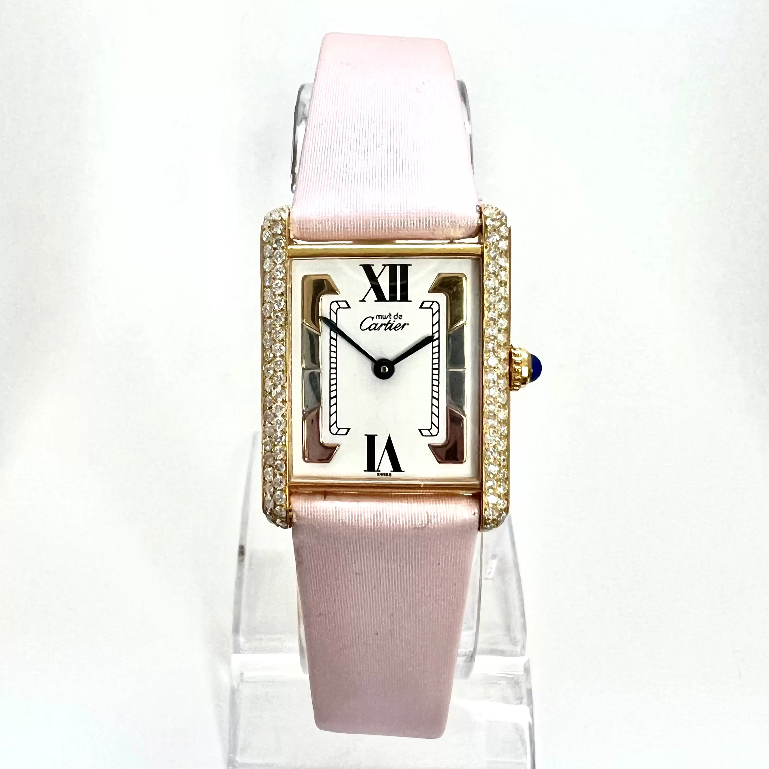 CARTIER TANK 23mm GP Silver ~.55TCW Diamond Watch Trinity Dial