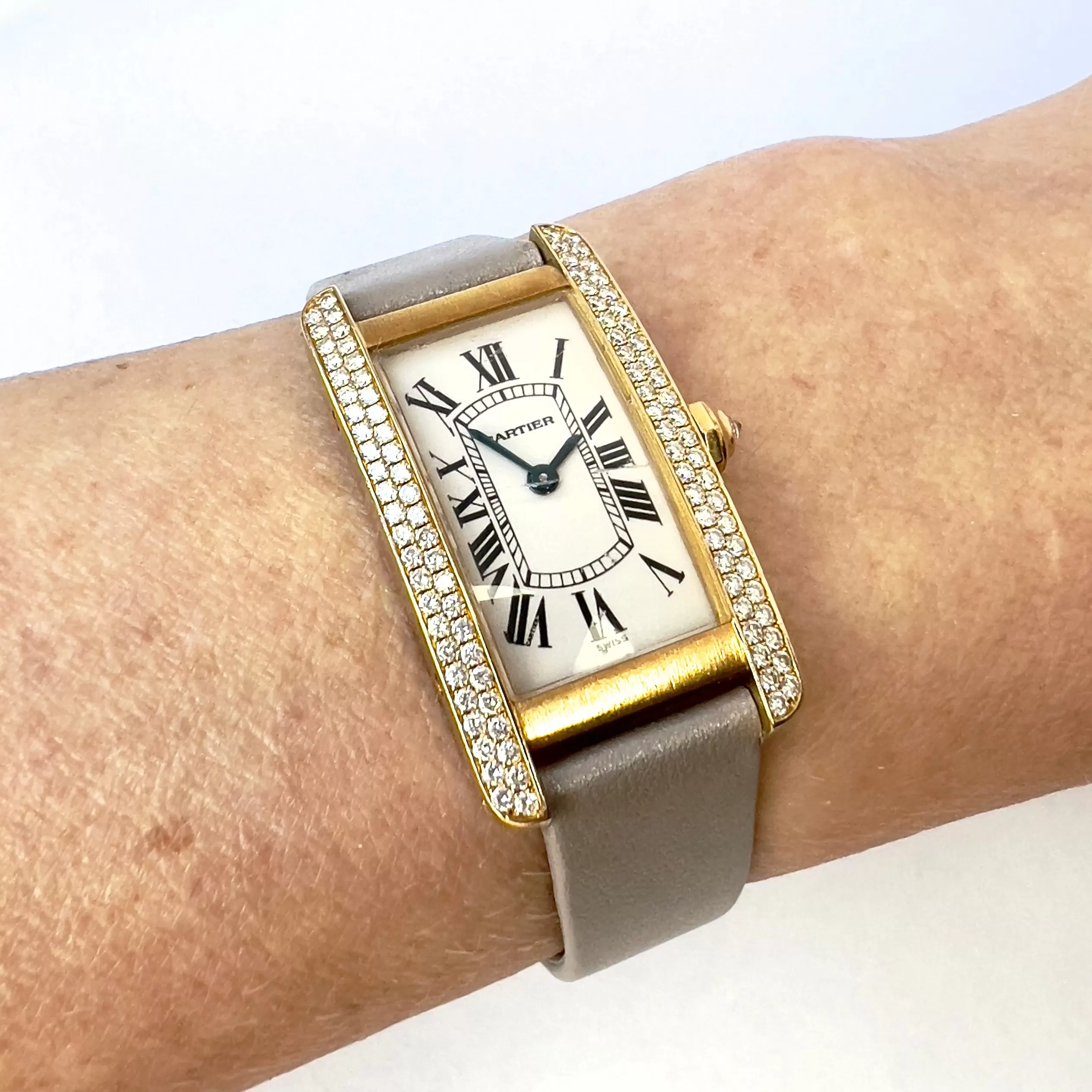 CARTIER TANK AMERICAINE 1710 Quartz 19mm 18K Yellow Gold FACTORY DIAMOND Watch