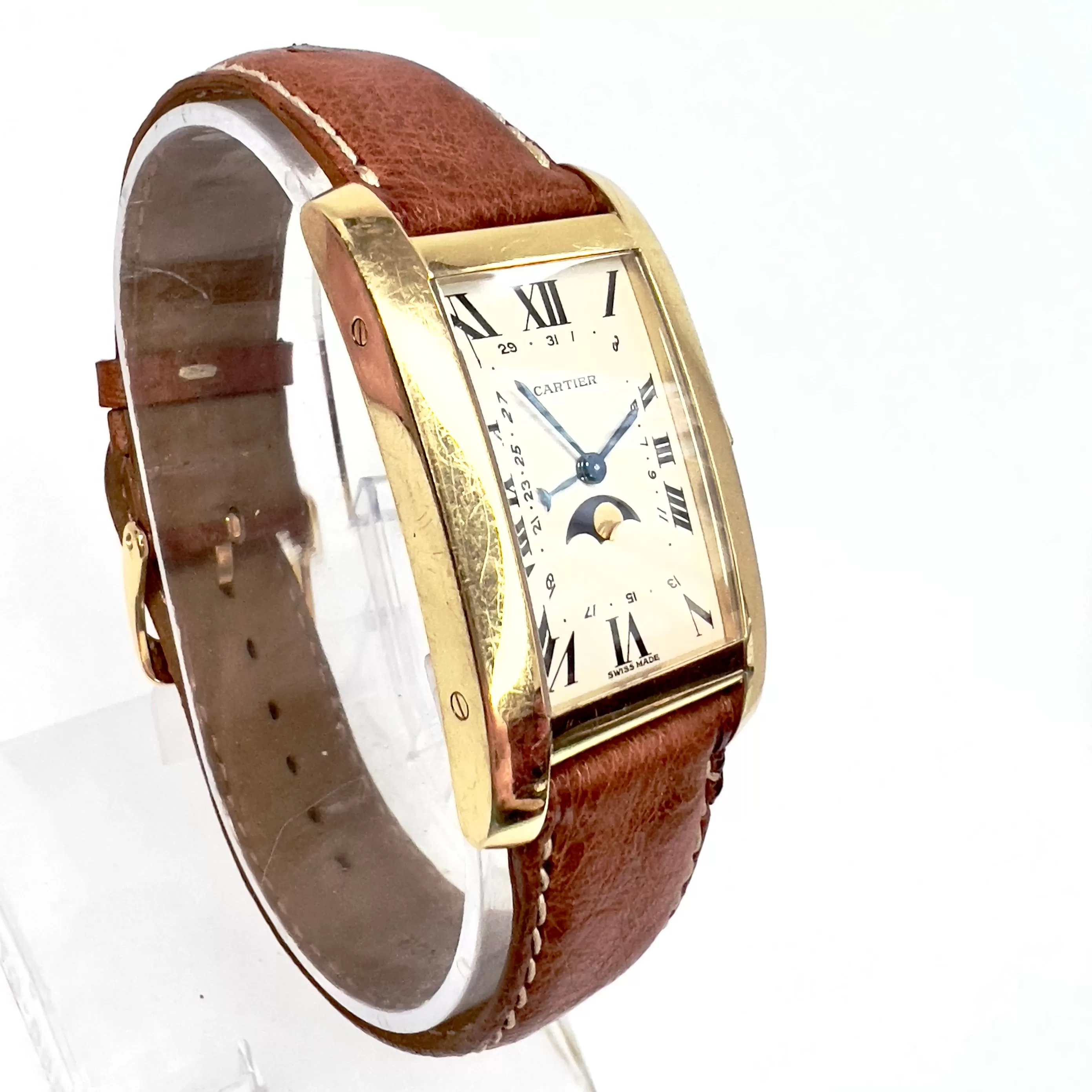 CARTIER TANK AMERICAINE Quartz 18K Yellow Gold Moon Phase Watch