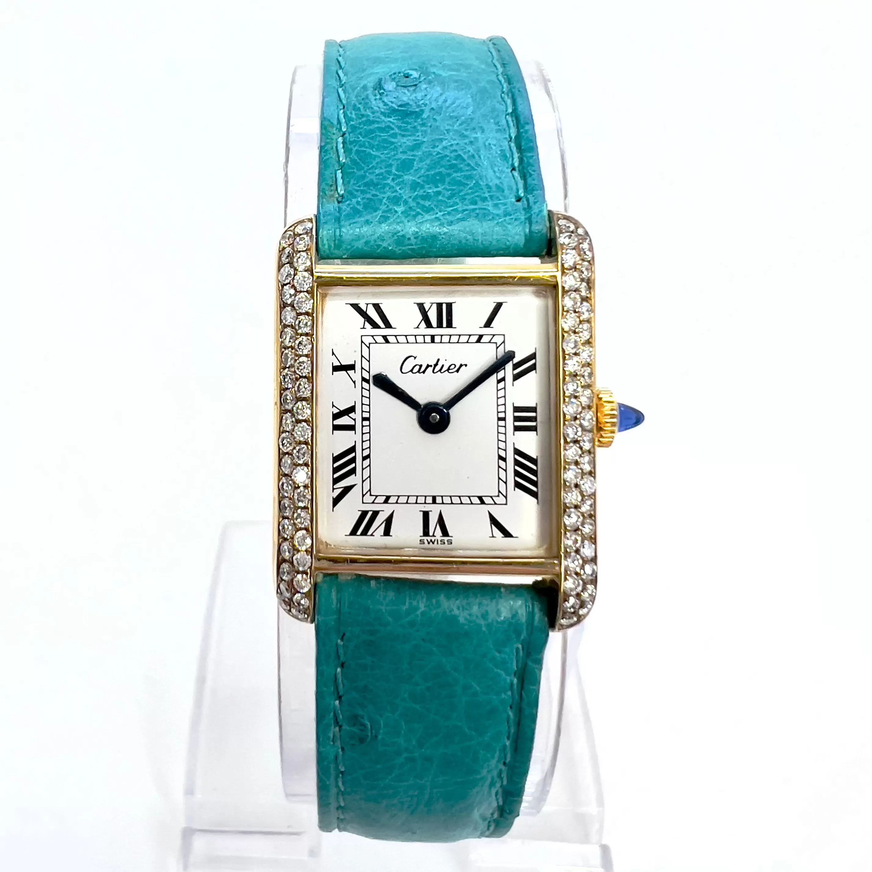 CARTIER TANK Manual Winding 21mm GP Silver Watch 0.5TCW Diamonds