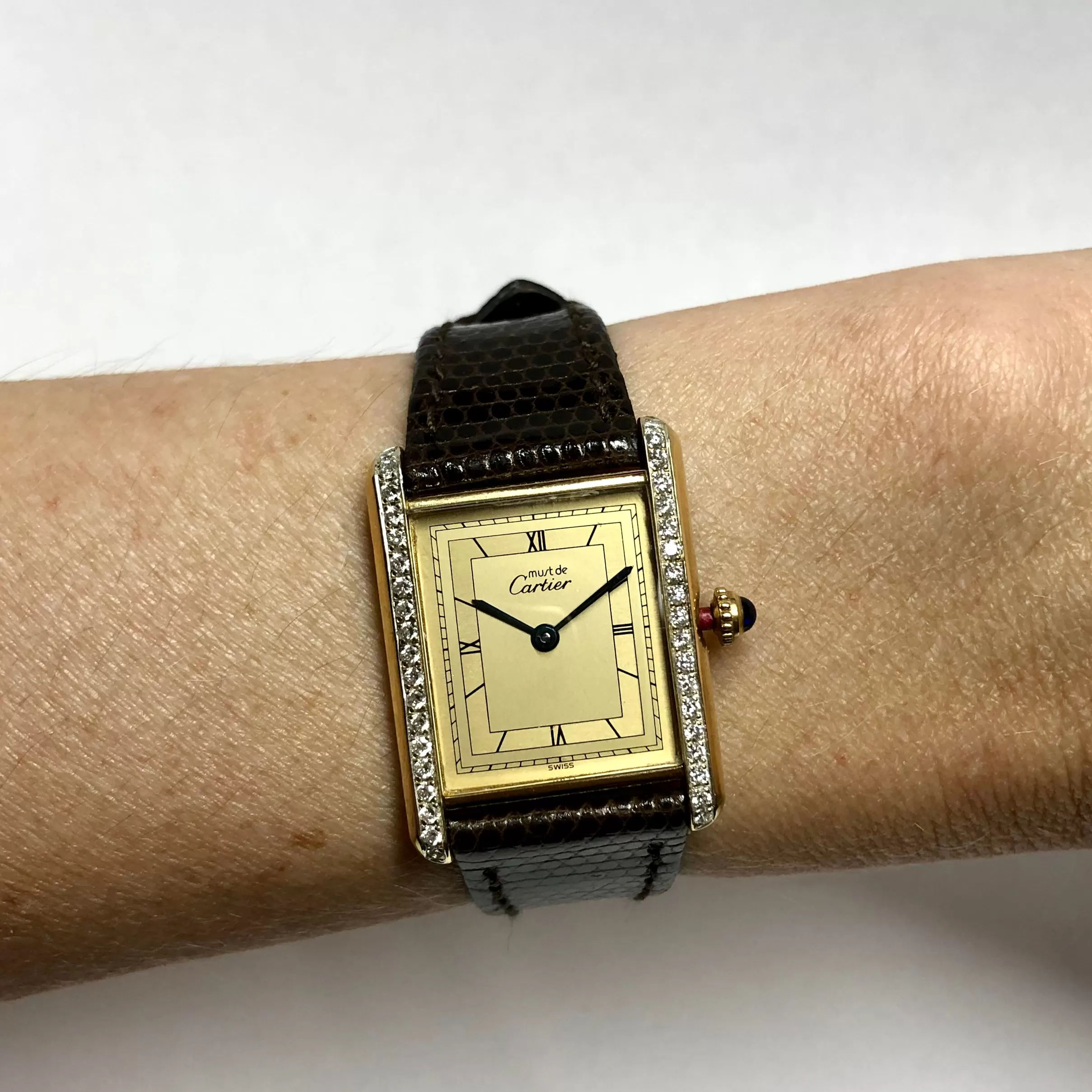 CARTIER TANK Quartz 24mm Gold-Plated Silver 0.46TCW Diamond Watch