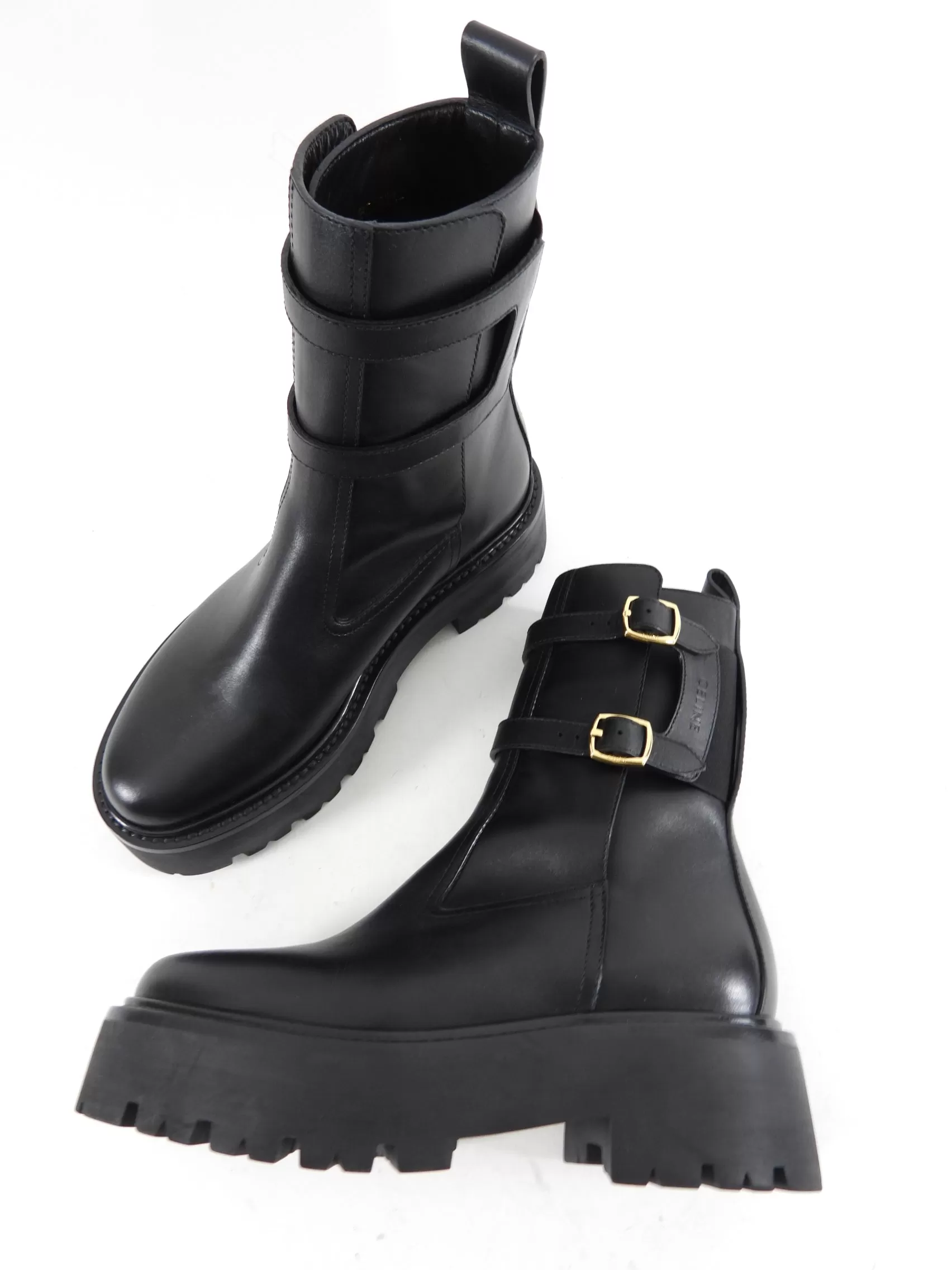 Celine Black Track Sole Double Buckle Ankle Boots - 37 / USA 7