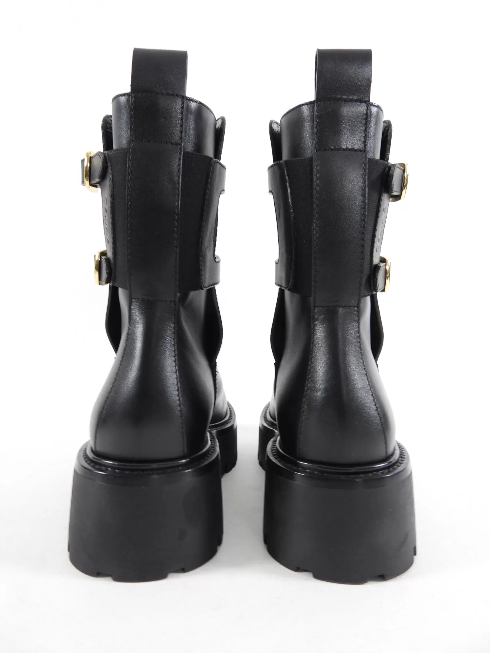 Celine Black Track Sole Double Buckle Ankle Boots - 37 / USA 7