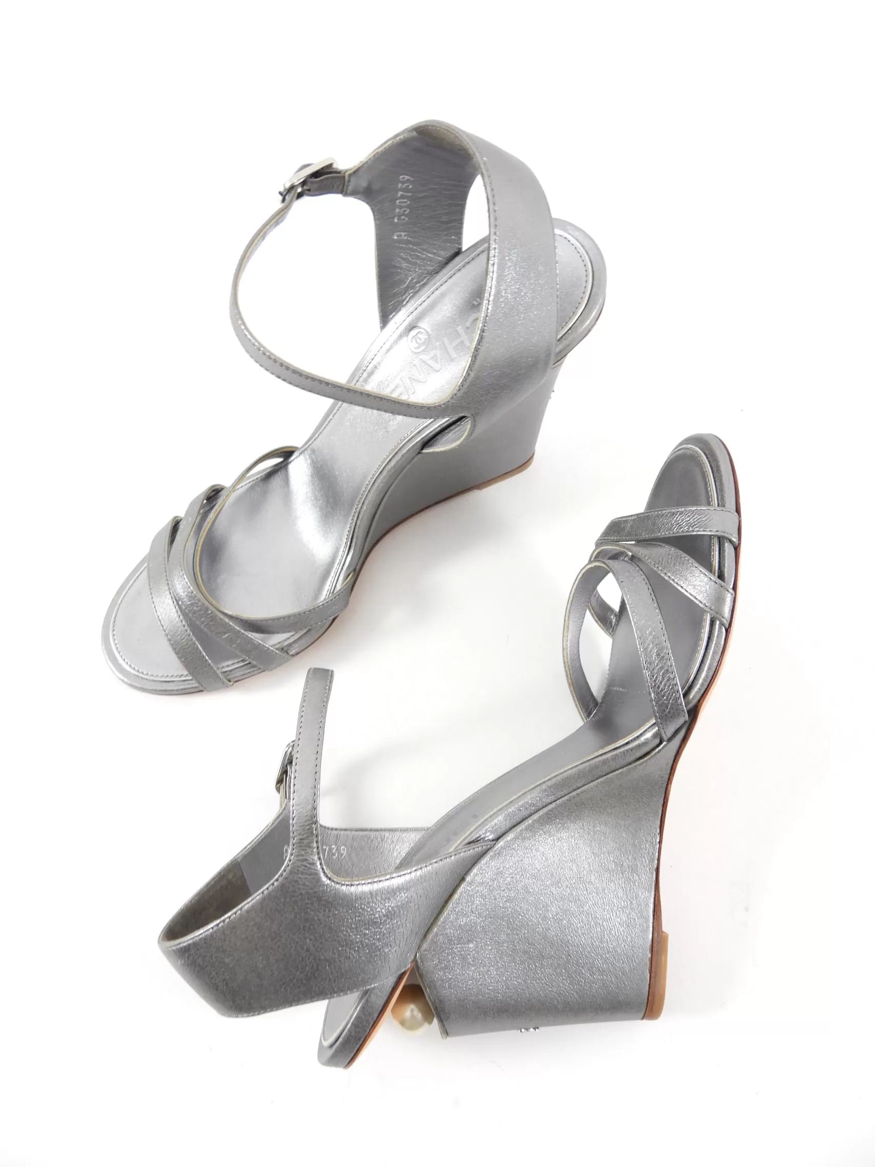 Chanel 2015 Silver Metallic Wedge Pearl Sandals - 40 / 39