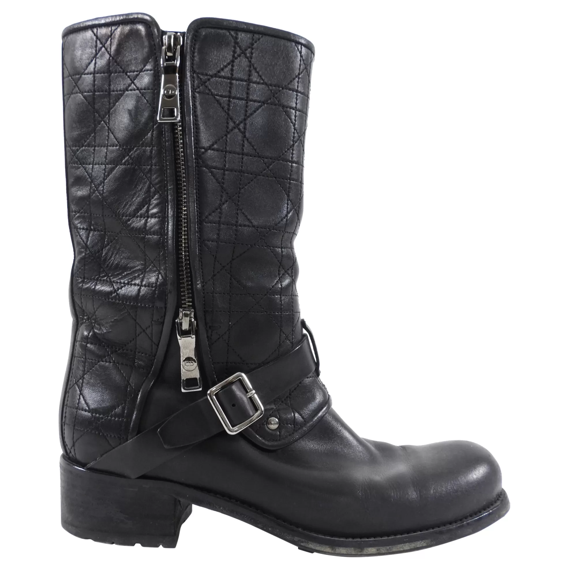 Christian Dior Black Leather Cannage Moto Boots - FR40