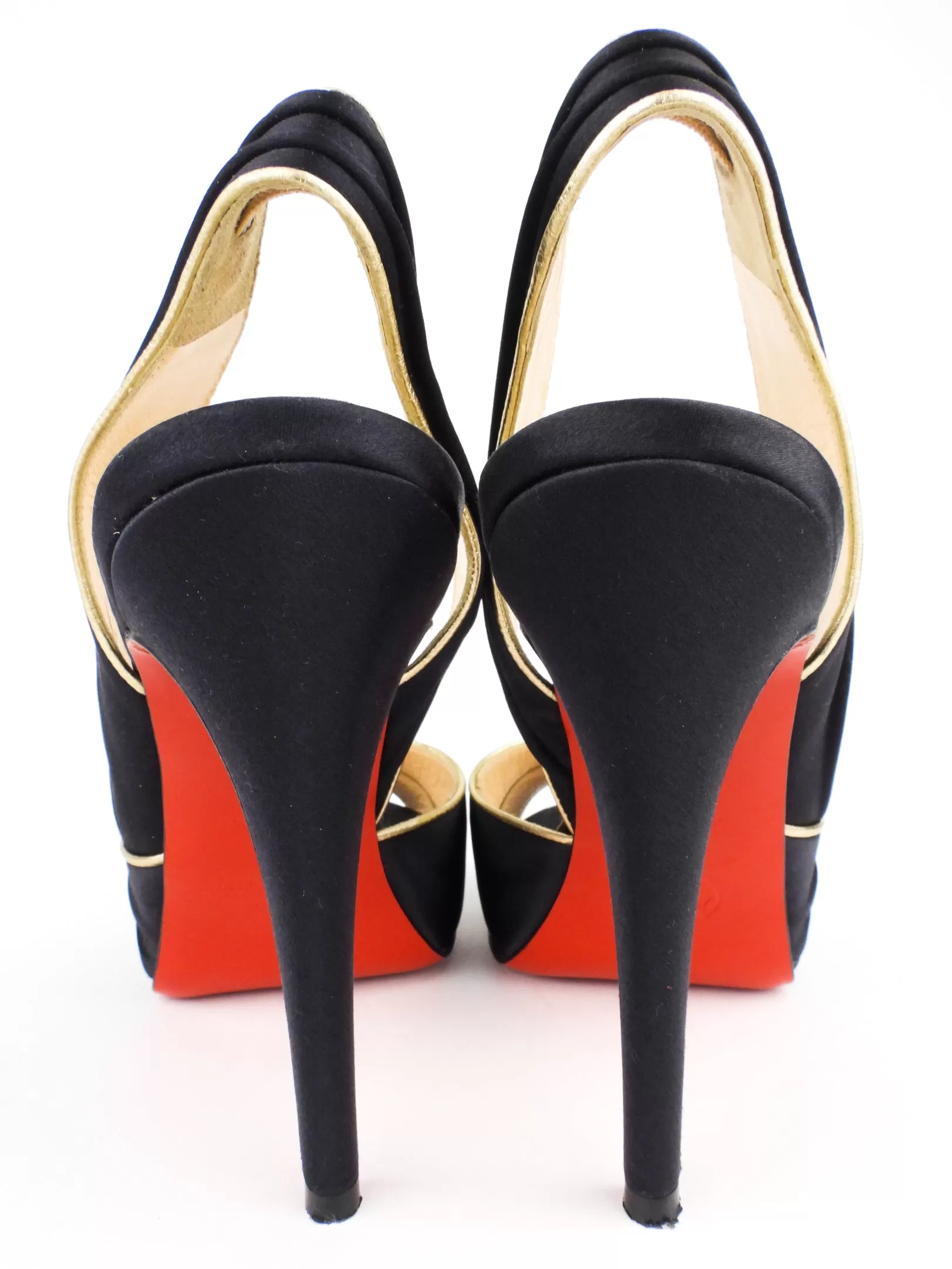 Christian Louboutin Black Satin Gold Trim Stiletto Heel Platform Slingback Sandals - 37.5