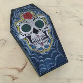 Cow leather wallet style biker coffin sugar skull black