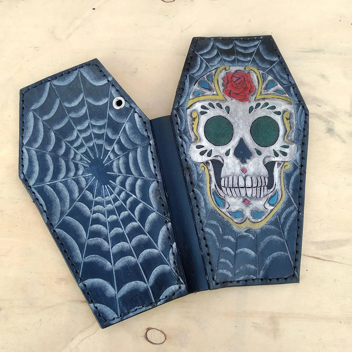 Cow leather wallet style biker coffin sugar skull black