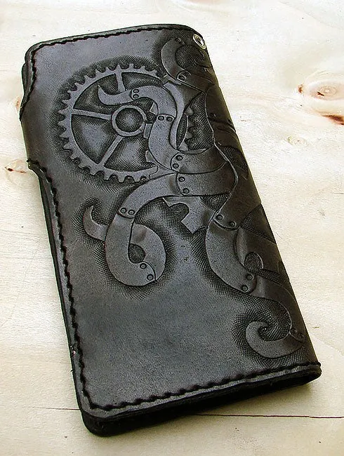 Cow leather wallet style biker with octopus steampunk black