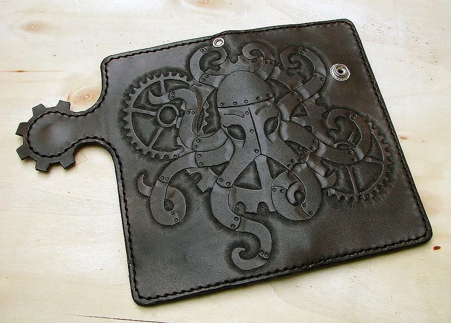 Cow leather wallet style biker with octopus steampunk black