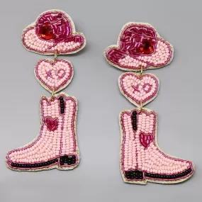 Cowgirl Boots And Hat Heart Seed Bead Earrings