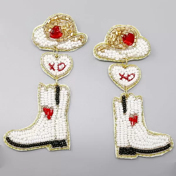 Cowgirl Boots And Hat Heart Seed Bead Earrings