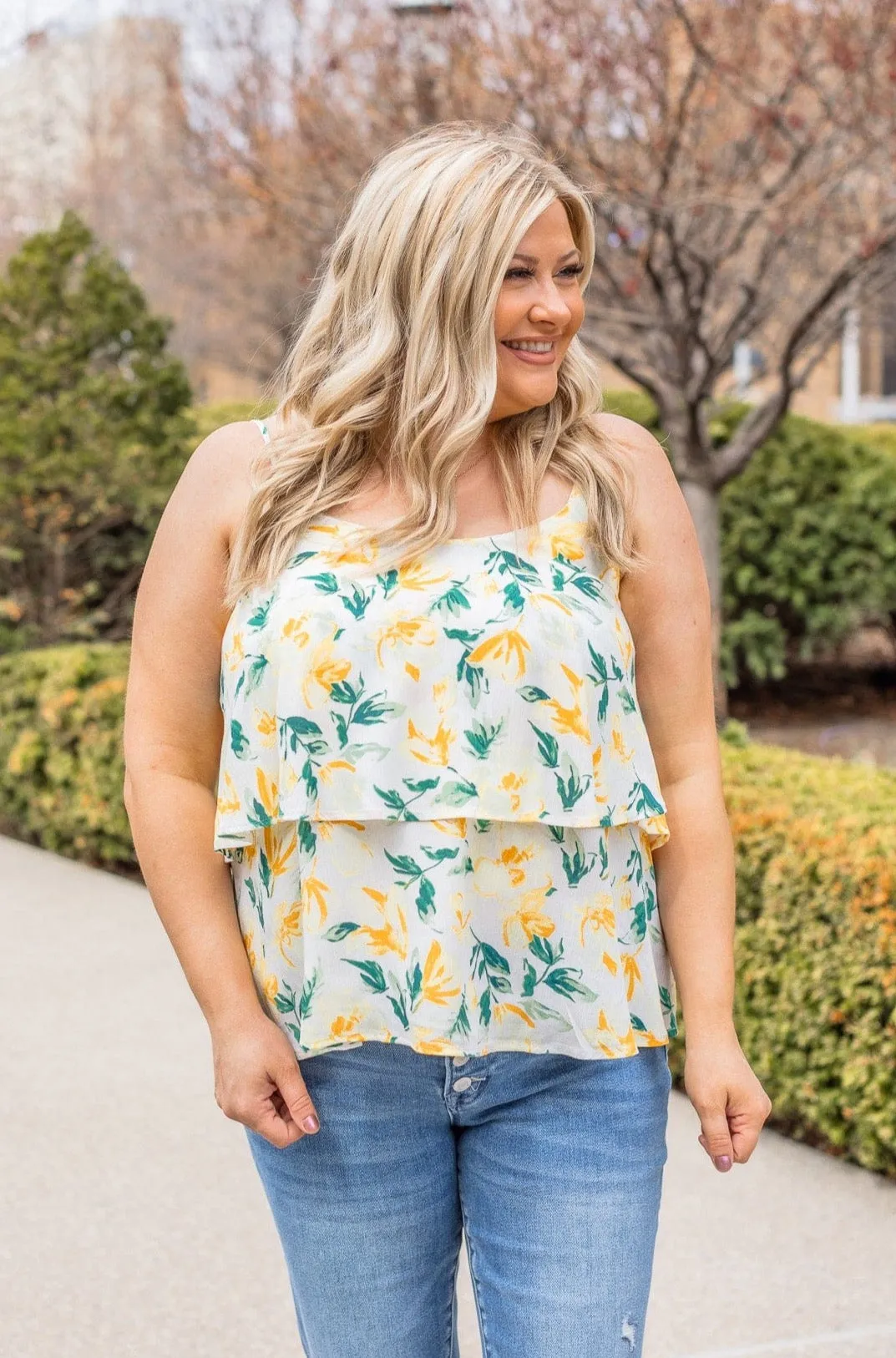 Delightful Daffodils Floral Tank- Ivory